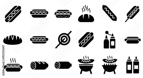 Assorted barbecue food icons displayed in a grid, featuring various grilled meats and condiments on a simple, clean background, viewed from directly above