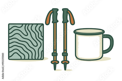 Hiking gear set with topographic map pattern and enamel mug