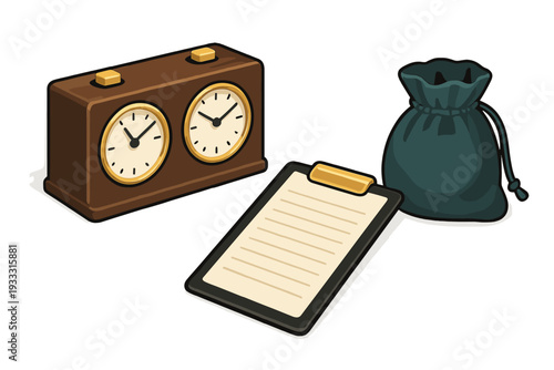 Isometric chess game equipment with timer, clipboard, and piece bag
