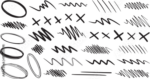 A versatile collection of black hand-drawn pencil scribbles, jagged zigzag lines, cross marks, and rough circles on a white background, perfect for annotations and organic design accents.
