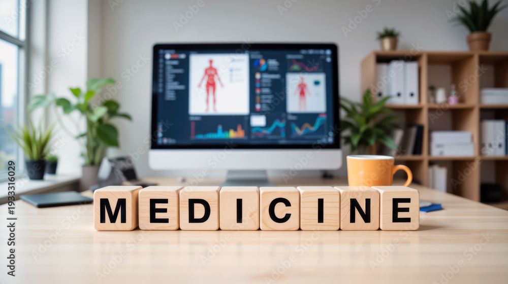 Fototapeta premium Medicine healthcare management with patient data dashboard for clinic planning, medical research and diagnosis workflow showing health metrics for treatment decisions and care services