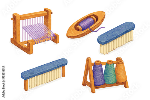 Collection of traditional weaving tools including loom, shuttle, thread spools, and brushes