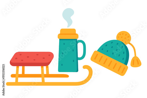Cozy winter essentials set with steaming mug, knitted beanie hat, and wooden sled