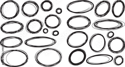 A playful set of black ink hand-drawn circles and ovals in various sizes, featuring a messy, multi-stroke DIY aesthetic for highlights and annotations.