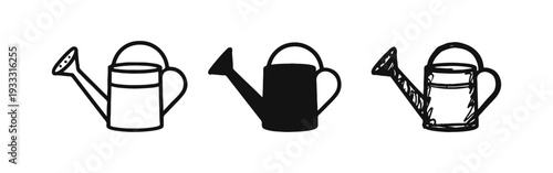 Watering Can Icon Set in Outline, Solid, and Hand-Drawn Styles for Gardening, Plant Care, and Agriculture