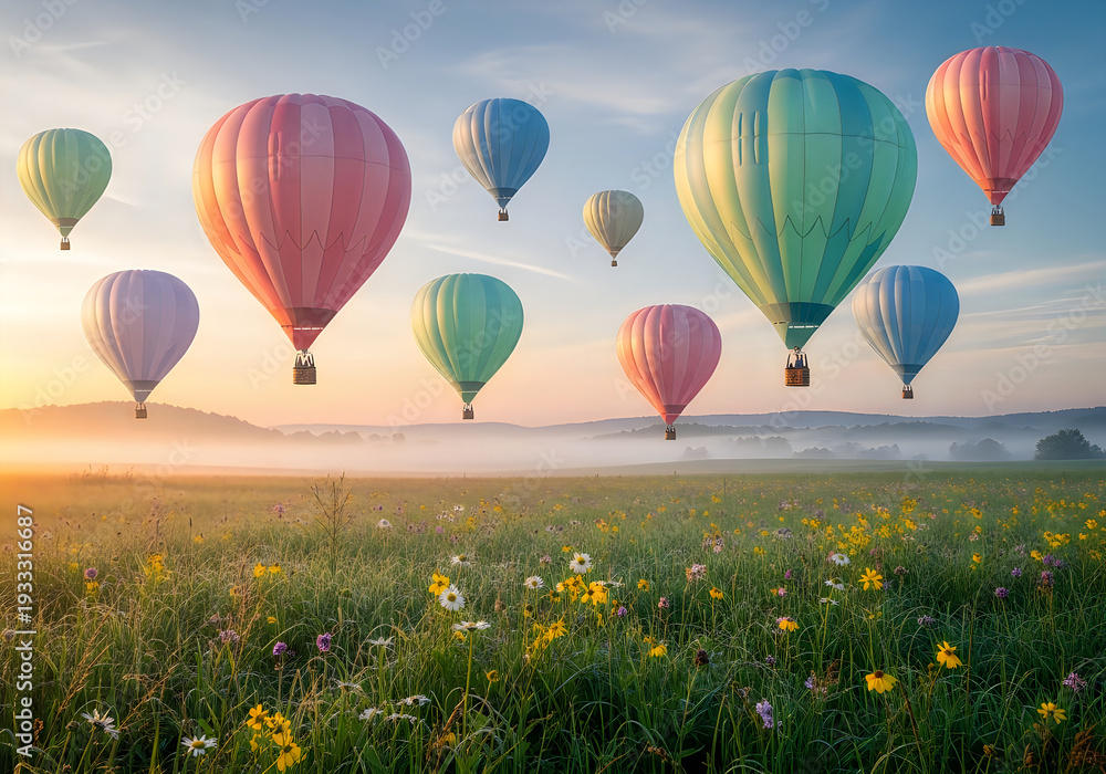 Obraz premium Colorful hot air balloons flying over a field at sunrise