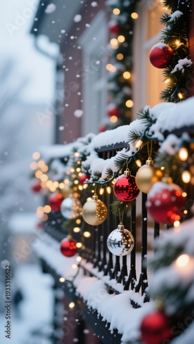 Wallpaper Mural Decorative Christmas balls in red and gold hang from a balcony, surrounded by lush greenery, twinkling lights, and a blanket of snow on a chilly winter day Generative AI Torontodigital.ca