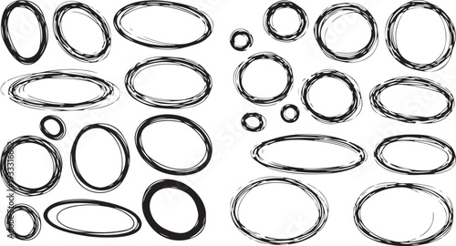 A modern arrangement of black geometric elements featuring concentric rings, horizontal speed streaks, and orbital shapes on a white background.