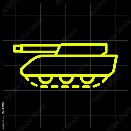 Heavy Armored Battle Tank Icon for Ground Force Defense and Military Warfare. Sleek neon yellow outline of a panzer vehicle for tactical strategy games or military history blogs