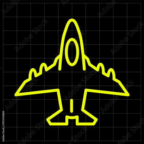 Military Jet Fighter Aircraft Icon for Air Force Defense and Tactical Aviation. Minimalist neon line art of a supersonic combat plane for military gaming or defense technology icons