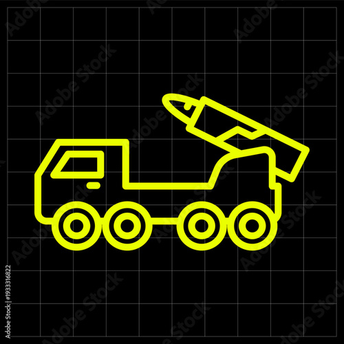 Mobile Missile Launcher Truck Icon for Tactical Defense and Military Ballistic Systems. Creative neon line art of a rocket launcher vehicle for defense industry logos or tactical icons