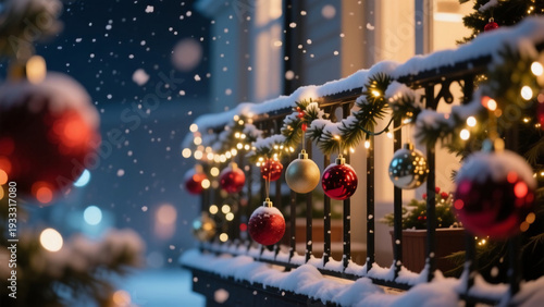Wallpaper Mural Glowing Christmas balls hang gracefully from a winter balcony surrounded by softly falling snow. The scene sparkles with holiday cheer in the serene night air Generative AI Torontodigital.ca