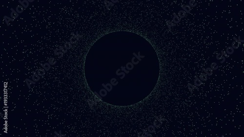 Starfield space background with dark circular void and swirling particle halo