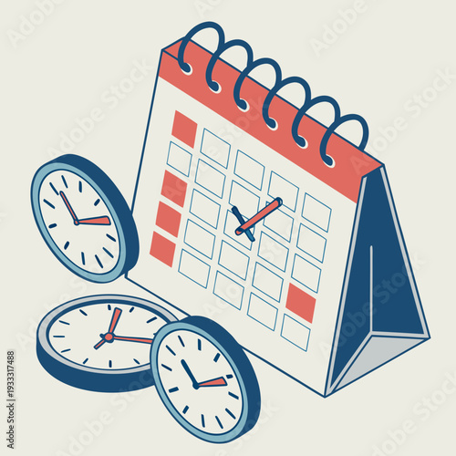 Time management and deadline concept, project planning and organization, isometric illustration depicting calendar and clocks