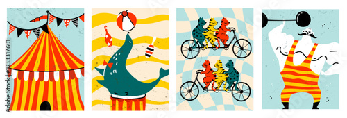 Retro Circus Vintage Show Collection With Strongman Cats On Bicycle And Seal
