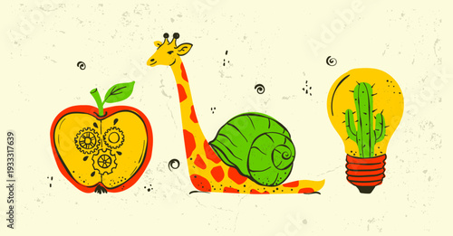 Surreal Animals Abstract Metaphor Doodle Concept With Giraffe Snail And Mechanical Apple