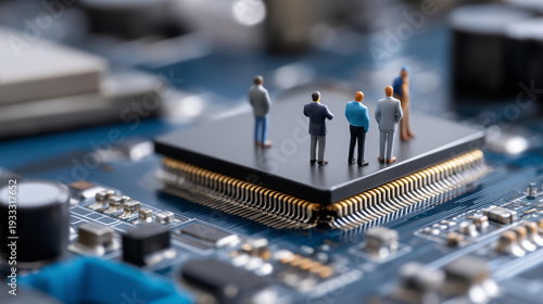 Wallpaper Mural Miniature business people standing near AI computer chip, technology impacting jobs symbolizing, future work automation, artificial intelligence employment, with copy space Torontodigital.ca