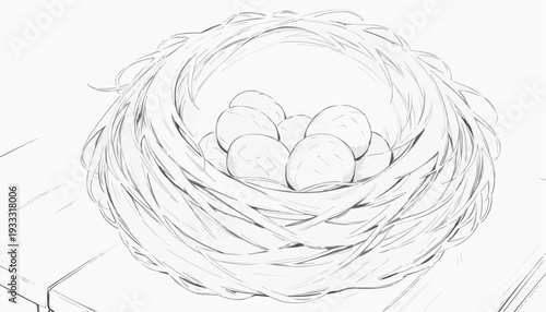 Coloring page: Bird's nest with eggs, line art sketch on a white background