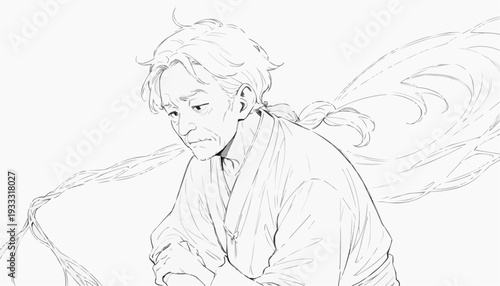 Coloring page: portrait of an elderly Asian fisherman with a weathered face, line art