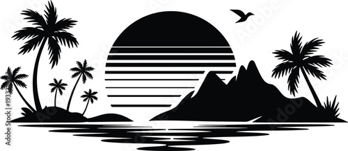 Black and white minimalist tropical island silhouette with palm trees mountains and sunset reflection vector illustration design