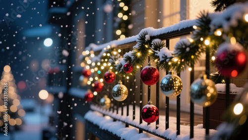 Wallpaper Mural Twinkling lights and vibrant Christmas balls decorate a snowy balcony, bringing warmth to a cold winter night filled with gentle snowfall Generative AI Torontodigital.ca