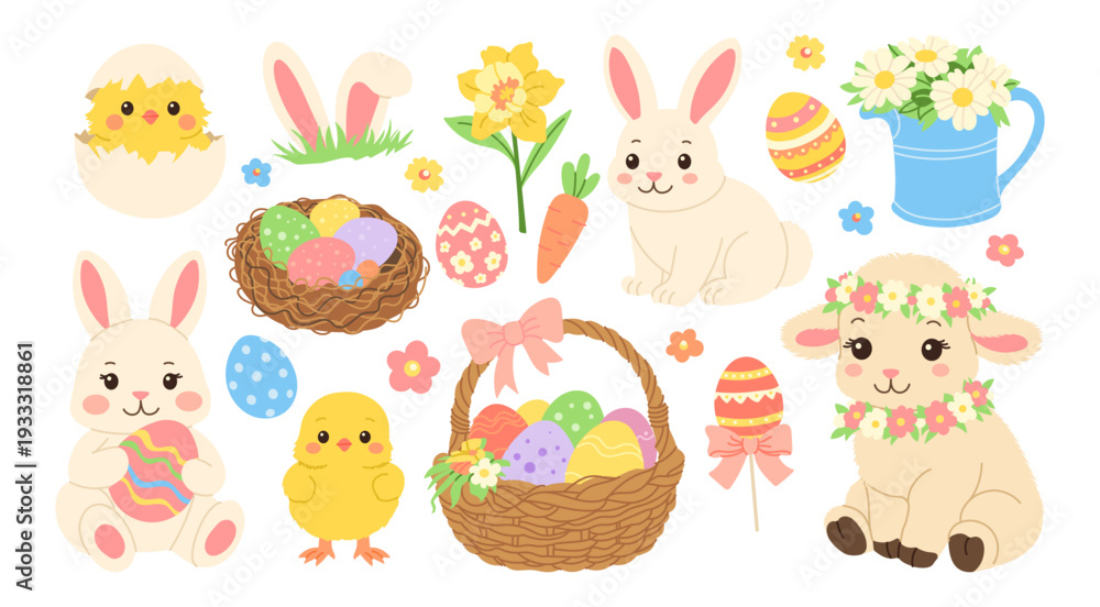 Naklejka premium Cute bunnies and chicks share a joyful Easter scene. Colorful eggs nestle in baskets and cups. Flowers, carrots, and pastel decor complete the charm. Bunny faces radiate gentle, happy expressions