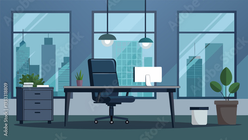 Empty Corporate Workspace with View of Skyscrapers in Flat Style.eps