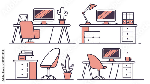 Empty minimalist home office work desks with modern furniture set.eps