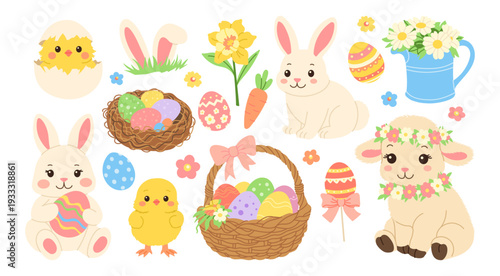 Cute bunnies and chicks share a joyful Easter scene. Colorful eggs nestle in baskets and cups. Flowers, carrots, and pastel decor complete the charm. Bunny faces radiate gentle, happy expressions