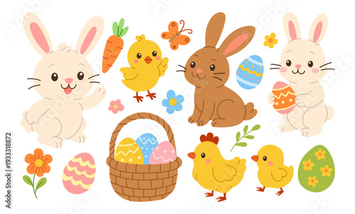 Cute bunnies and chicks smile with joy. Easter eggs peek from a woven basket. Bright flowers and butterflies add charm. Soft colors and friendly faces make it cheerful. Perfect for spring, holiday
