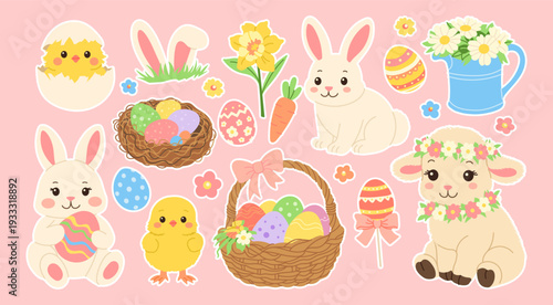 Soft pastel backdrop with Easter-themed characters. Cute bunnies, chicks, and flowers celebrate spring joy. Colorful eggs, baskets, and carrots add festive charm. Characters appear cheerful
