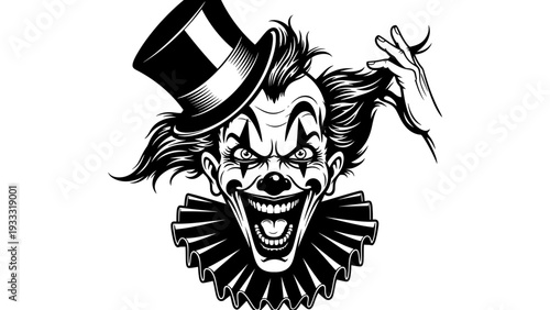 Scary Clown Face Black and White Illustration