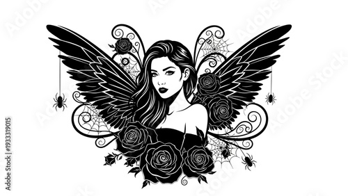 Gothic Fairy with Black Wings, Roses, and Spiders - Vector Illustration