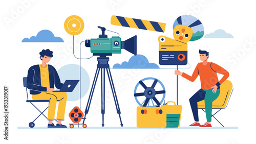 Film Production Team Collaborating on Cinema Set Illustration.eps