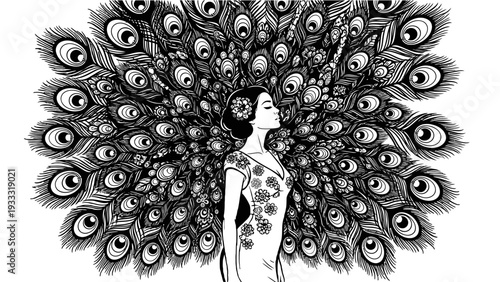 Wallpaper Mural Elegant Woman with Elaborate Peacock Feather Fan - Black and White Illustration Torontodigital.ca