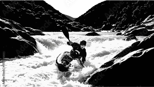 Kayaker navigating whitewater rapids in a rocky gorge, extreme sport adventure
