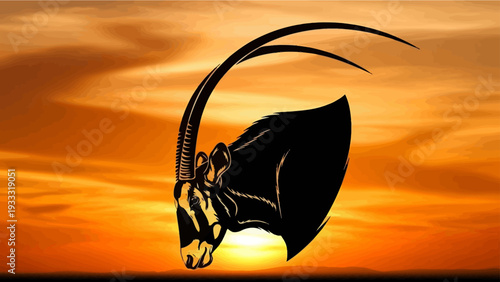 Oryx Silhouette Against Dramatic Sunset Sky in African Savannah