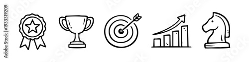 Hand-drawn business icons for success and strategy. Set includes trophy, target, growth chart, award ribbon, and chess knight in doodle style.