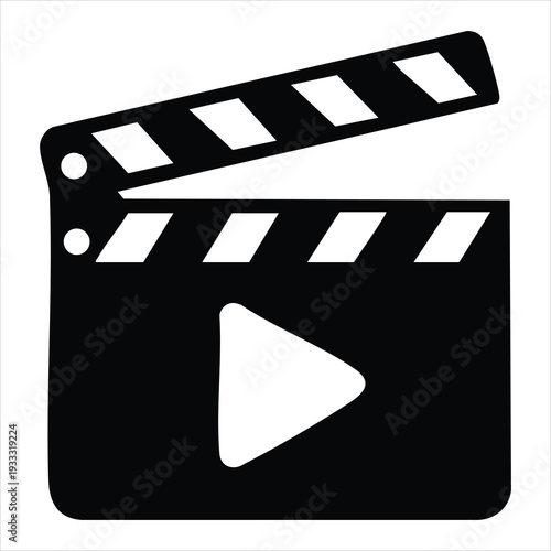  Black clapper board icon with play button in flat style. Clapperboard vector illustration for movie and film. Filmmaking or video movie production, cinematography concept. Adobe Illustrator Artwork