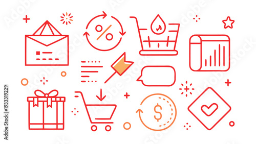 Flat Vector Outline Icons of Price Tags, Coupons, and Discount Percentages.eps