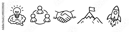 Hand-drawn business icon set with idea brain, teamwork circle, handshake, mountain goal, and startup rocket launch doodle illustrations.
