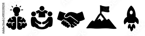 Set of business and startup icons representing innovation, teamwork, partnership, success, and growth. Minimalist black vector symbols on white.