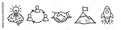 Set of hand-drawn business icons: brainstorming idea, teamwork cycle, handshake partnership, mountain achievement goal, and startup rocket launch.