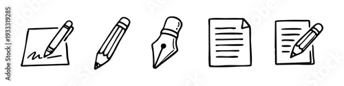 Set of hand-drawn doodle icons for writing, drawing, and documentation, featuring pencils, pens, and paper in a minimalist black ink style.