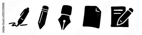 Collection of black hand-drawn writing icons featuring a pen, pencil, fountain pen nib, and document paper. Minimalist doodle style for office design.