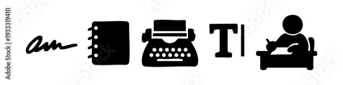 Set of black writing icons including a typewriter, notebook, signature, text tool, and an author at a desk isolated on a white background.