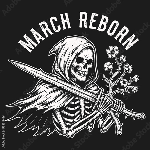 Skeleton Grim Reaper with Swords and Flowers.