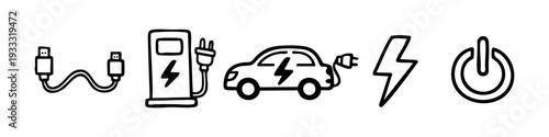 Set of hand-drawn icons representing electric vehicle charging, power symbols, and technology in a minimalist doodle style.