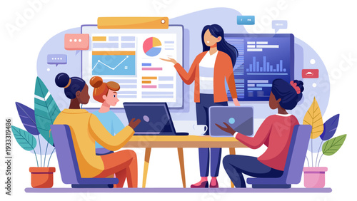 Group of Young Female Developers Working with Laptops and Digital Dashboard in Coworking Space.eps