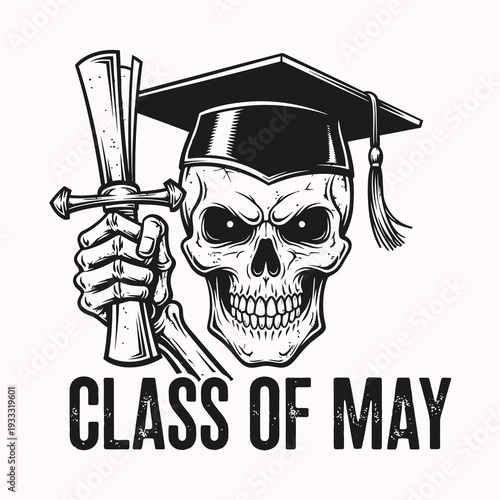 Skull in Graduation Cap Holding Diploma.